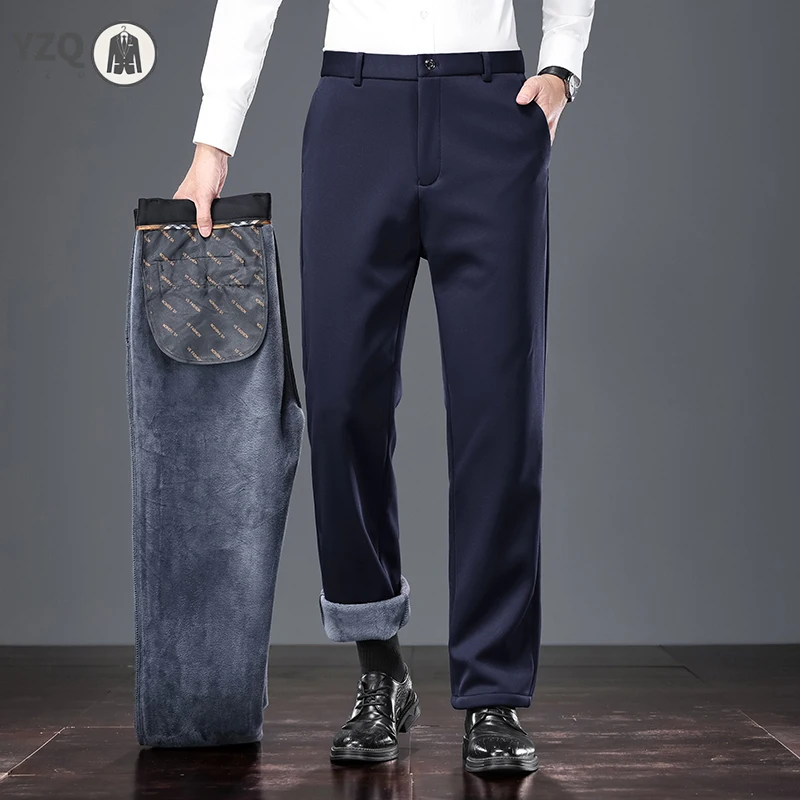 Thermal Lined Male Formal Trousers Stable Waist Structure Thick Plush Inner Fabric Office Wedding Multi Scene Long Pants