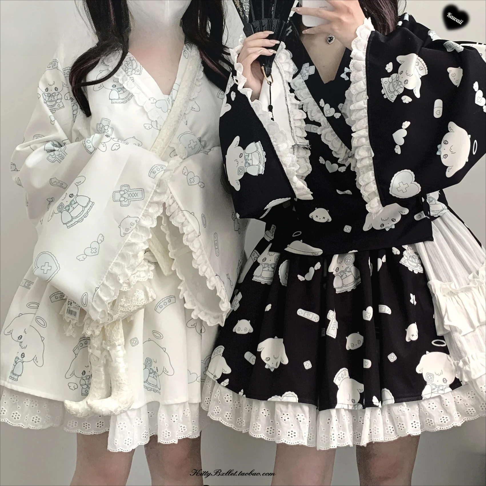 

New 2025 Spring and Summer Female Girls Sweet Cute Lace Water Color Printed Kimono Top Apron and Skirt 3 Piece Set Hot Sale