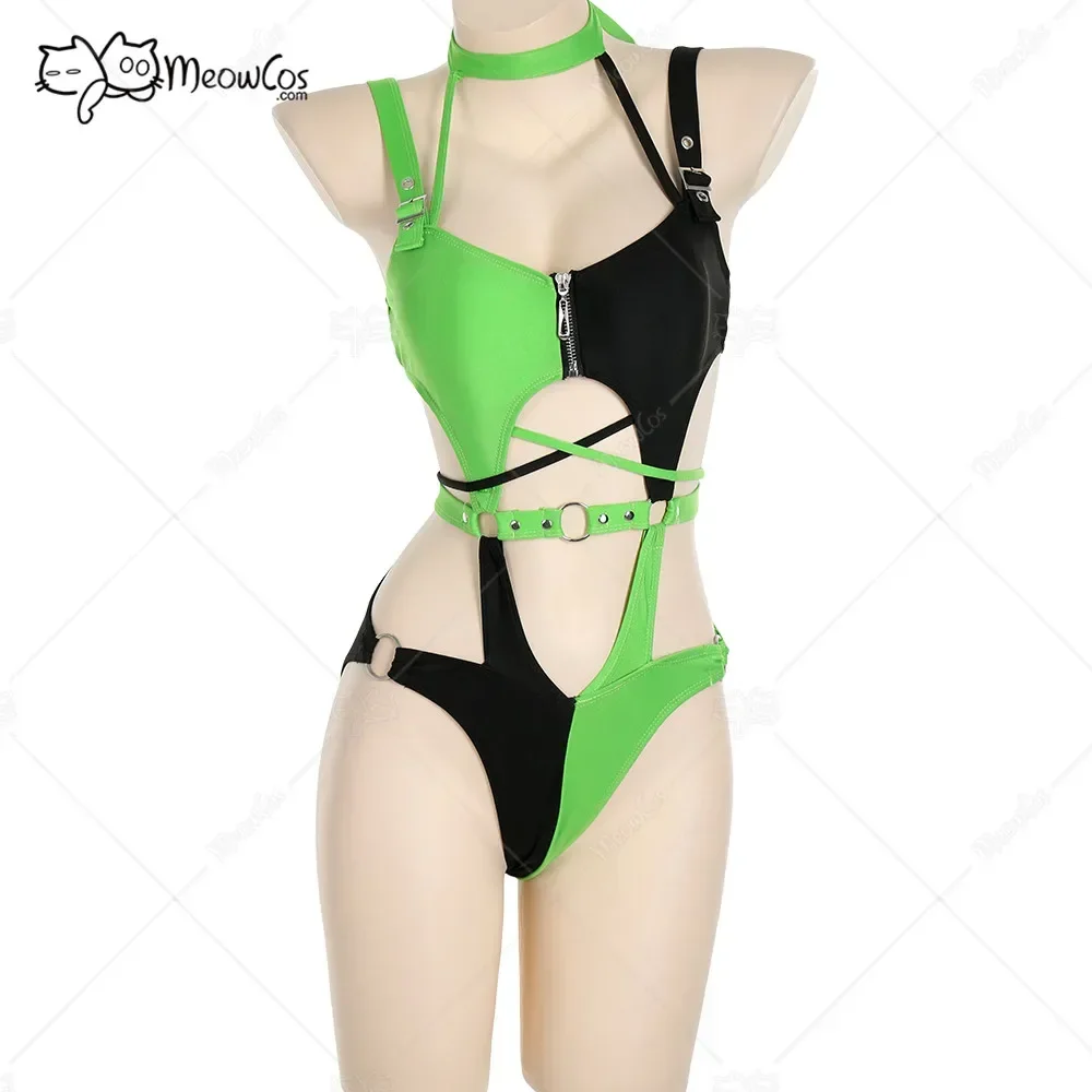 Meowcos Women Sexy One-Piece Miss Go Swimsuitfor Women Gothic Green and Black Spliced Cutout Bathing Suit Swimwear