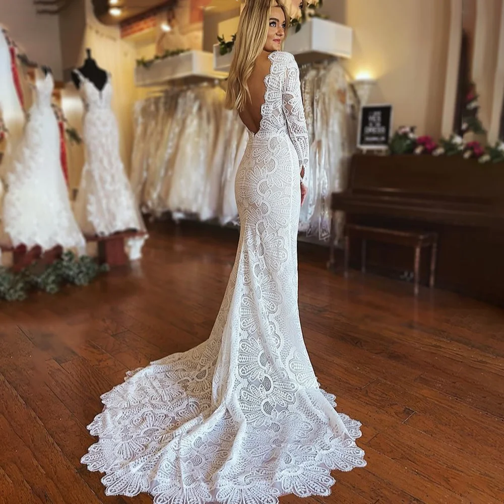 Vestido de novia de sirena sin espalda de manga larga de talla grande de encaje festoneado personalizado Boho cuello en V espalda abierta vestido de novia dividido