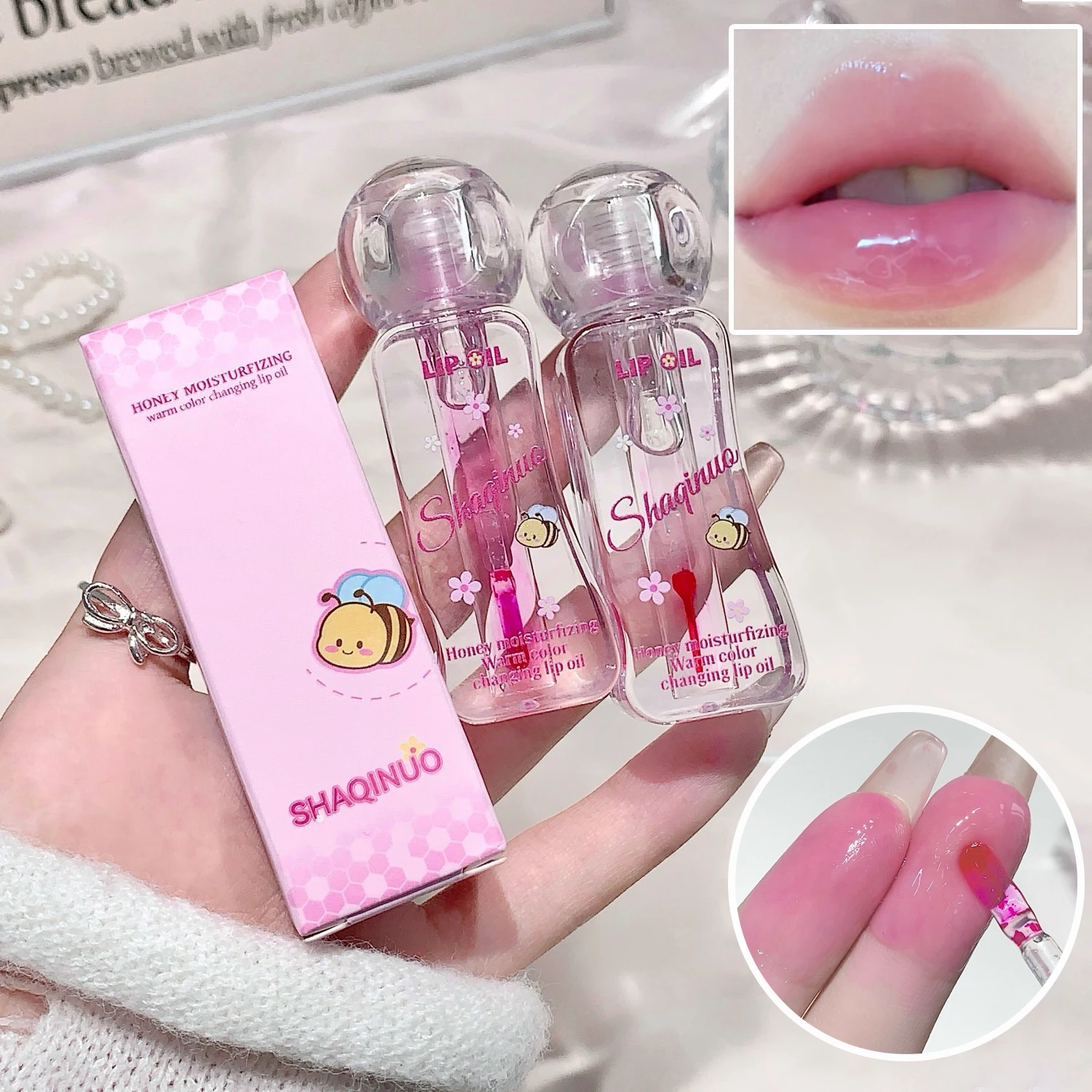 زيت الشفاه المتغير لدرجة الحرارة والعسل، ملمع الشفاه المرطب SHAQINUO، تقليل خط الشفاه، زيت الشفاه المتحول اللون
