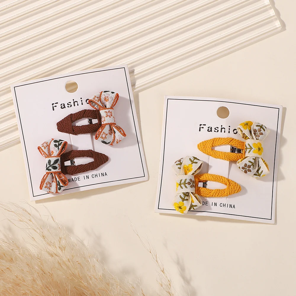 

Korean Style Floral Fabric Hairpin Girls Kids Hair Accessories Sweet Embroidered Printed Bowbot Side Duckbill Hair Clips Set