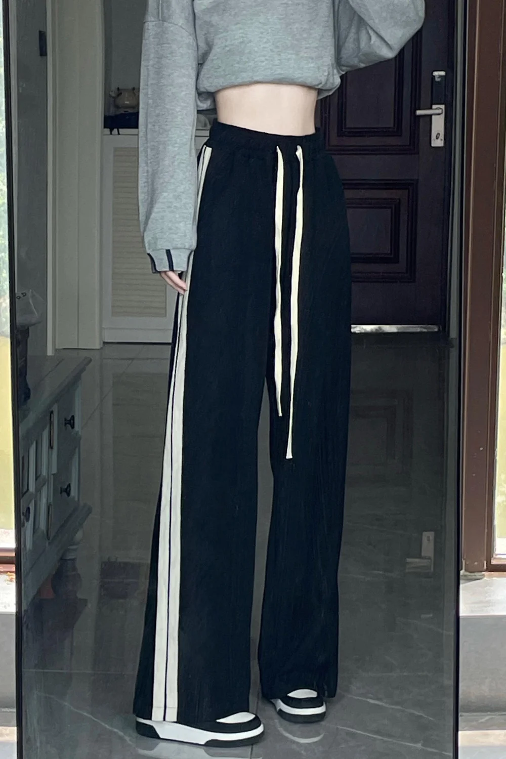 Black Casual Sports Pants For Women In Spring And Autumn, Loose, Straight Thin Wide Leg Pants High Waist Pants