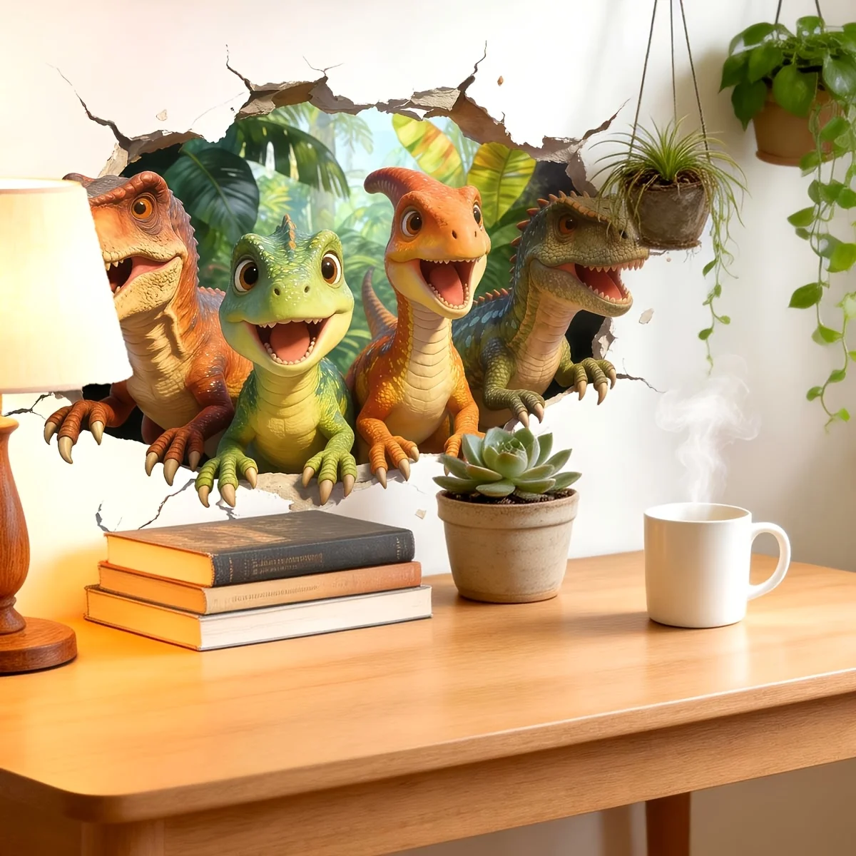 Broken‑Wall Cartoon Dinosaur Wall Sticker Finished Size 53x37cm Multiple Cute Funny Little Dinosaurs Poked Through The Wall