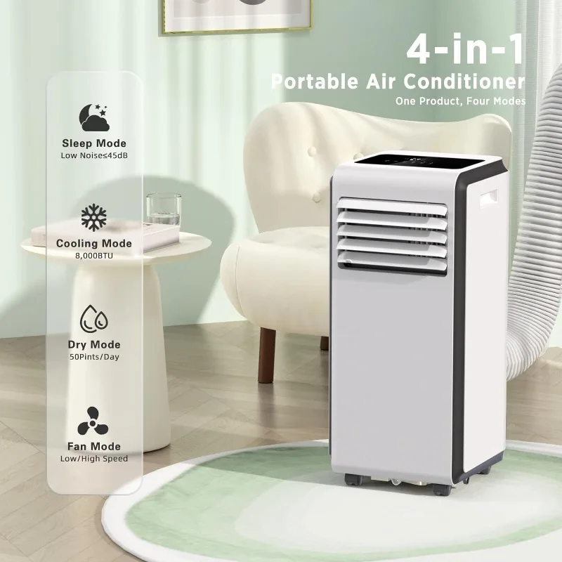 Ar condicionado portátil ZAFRO, ventilador de desumidificador legal, modos de suspensão, branco atualizado, até 350 pés quadrados, 8,000 BTU, 2024