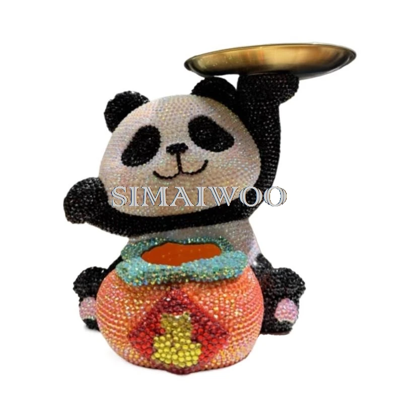 DIY Rhinestone Sitting Panda Key Collector Plate Bling Mosaic Shiny Crystal Home Exhibition Handcraft Cross Stitch Kid Gift