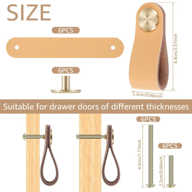 6 قطعة درج جلدي يسحب مقبض كابينة جلدية سميكة متينة مع مسامير مقابض جلدية متعددة الأغراض مقبض درج الأثاث