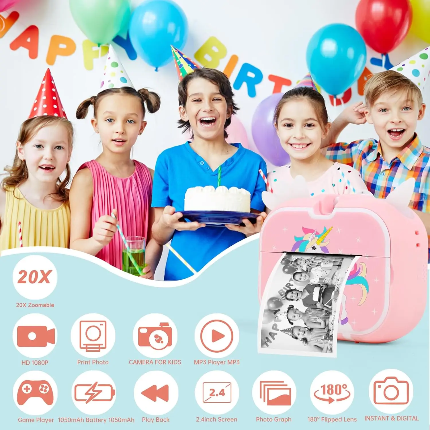 X3D Children's 2.4 Inch Cartoon Unicorn Instantly Photo Print Kids With 32GB Memory Best Gift