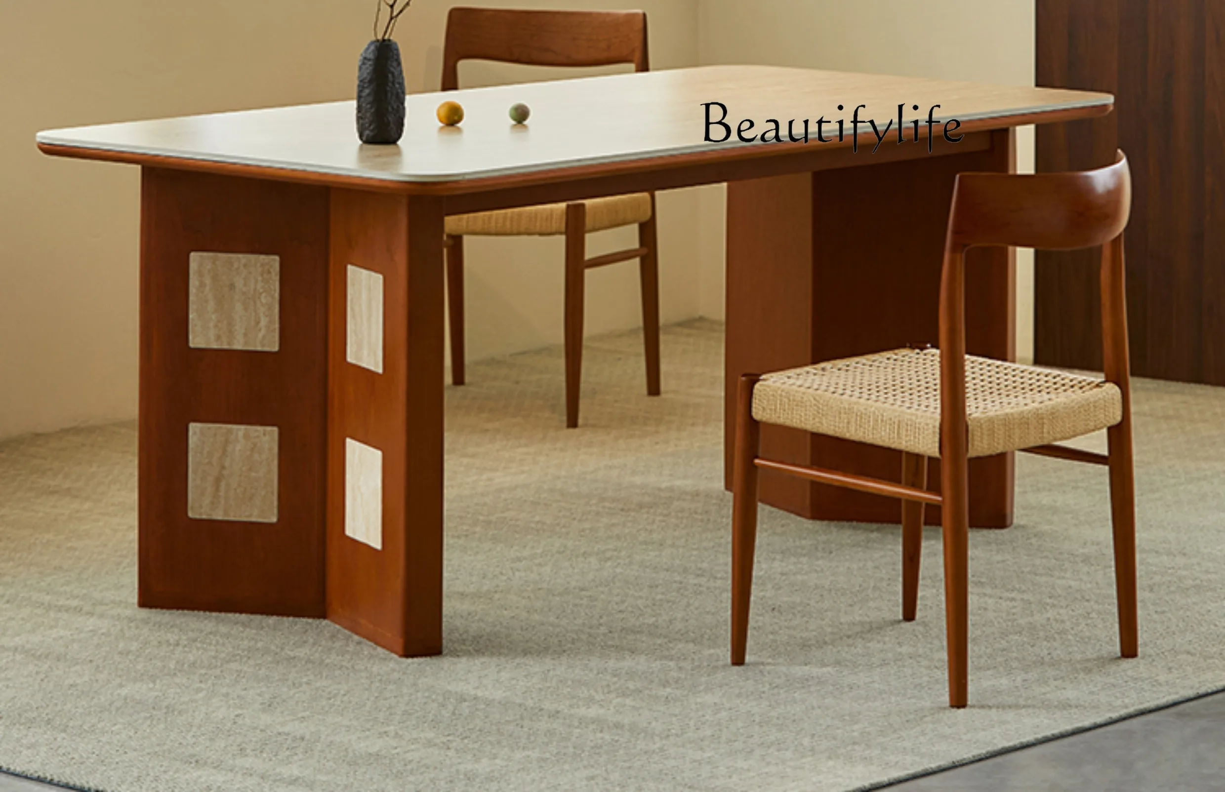 

Modern simple travertine dining table long French retro medieval rock slab solid living room home desk