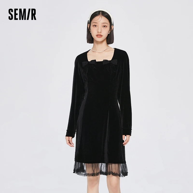 Semir Dress Women\'s Side Neck Bow Stitching Mesh 2023 Winter New Elegant Temperament Drape Velvet Dress