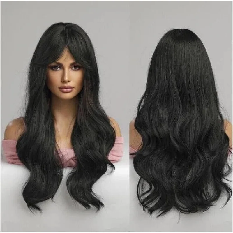 

Black Human Hai Wigs with Bangs Natural Long Wavy Wig for Women 24 Inch