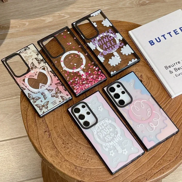 

Butterfly Hearts Magnetic Acrylic Black Border Case for Samsung Galaxy S22 S23 S24 S25 Ultra S25+ S25 Plus Protective Shell