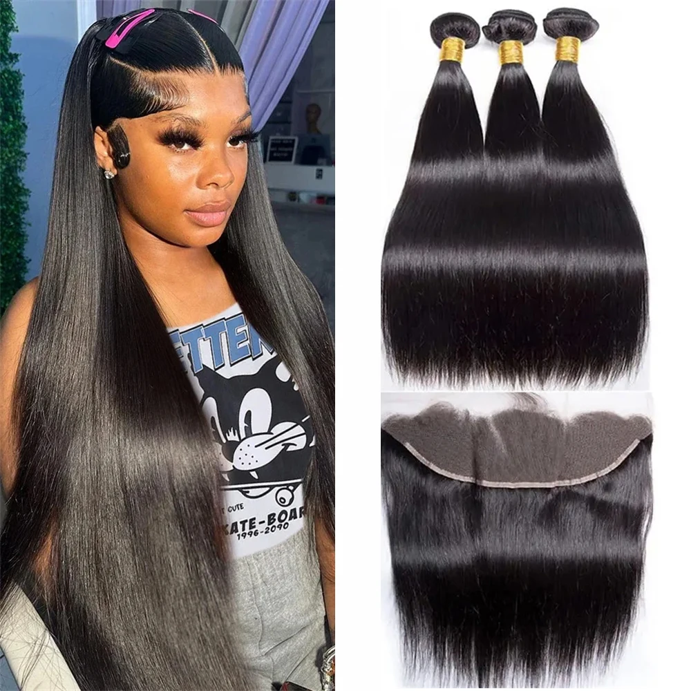 

Straight Human Hair Bundles With Closure Brazilian 13x4 Lace Frontal and Straight Double Drawn 3 Bundles Weaves Hair Extensions