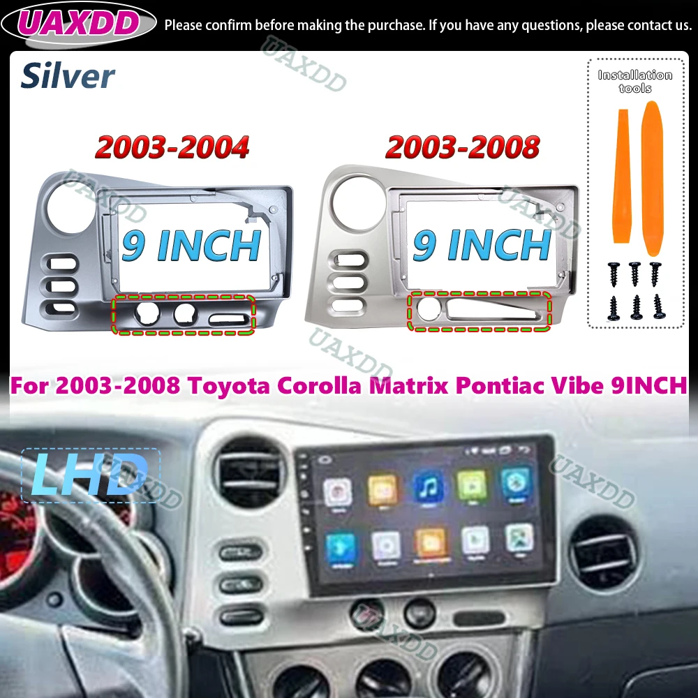 Radio estéreo Interior de coche de 2 Din para Toyota Corolla Matrix Pontiac Vibe 2003-2008, Kit de marco Android plateado LHD de 9 pulgadas, panel fascia