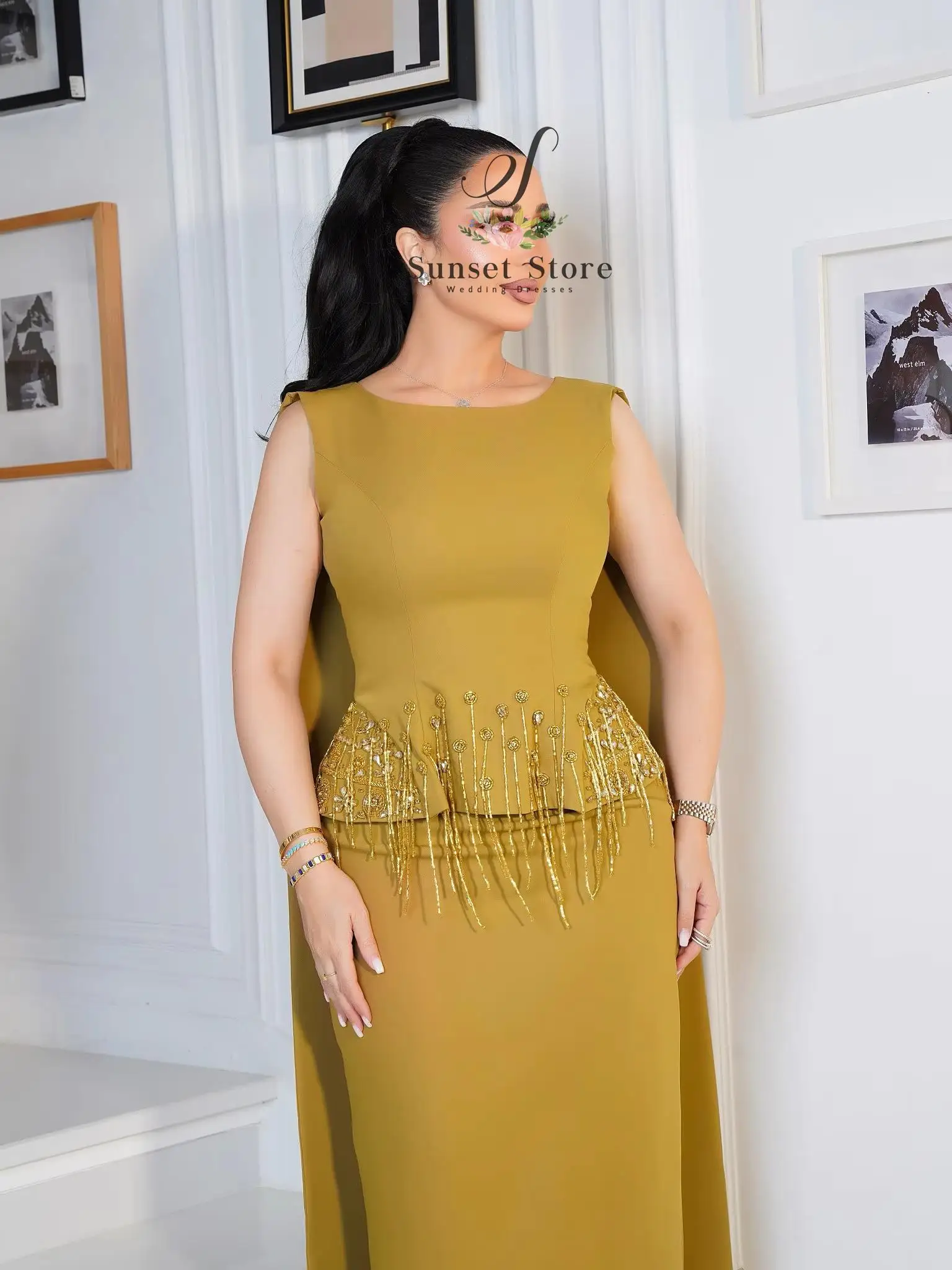 Customized Arabic Evening Dress With Cape Fringe Beaded Sheath Split Formal Gown Dubai Saudi Women Wedding Party Kaftan