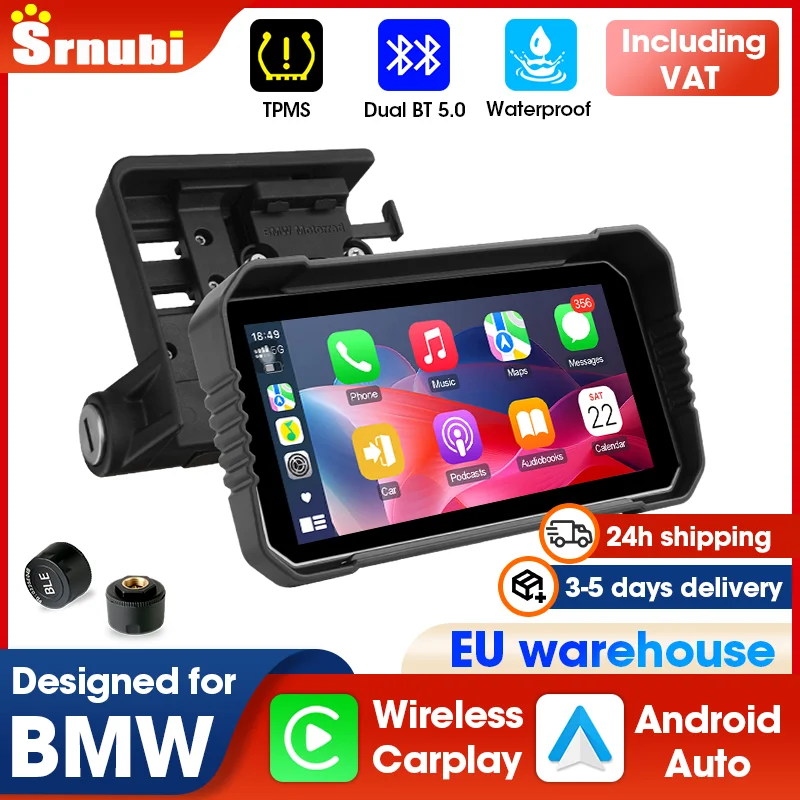 Srnubi Navigation GPS sans fil Android Auto pour moto de 6,25 pouces pour BMW R1200GS R1250GS R1300GS S1000XR F750GS XR M1000 IP67 Tableau de bord numérique étanche Bluetooth WIFI Accessoires moto