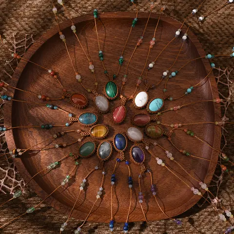 2025 New Macrame Handwoven Necklace Powder Crystal Natural Stone Pendant for Women Jewelry Gift