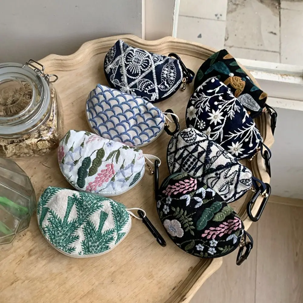Multifunctional Cute Embroidery Storage Bag Flower Cotton Linen Earphone Bag Keychain Card Holder Small Cosmetic Bag Key Bag