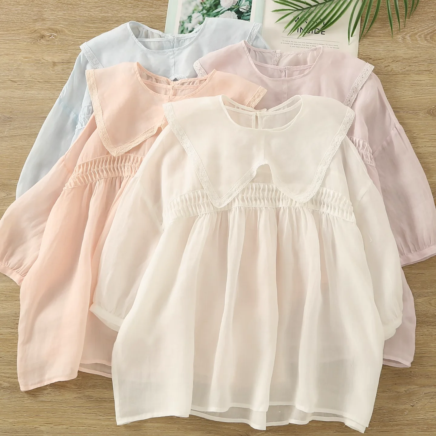 

100% Ramie white blue pink purple solid shirts and blouses for women summer see through peter pan collar shirts lady tops