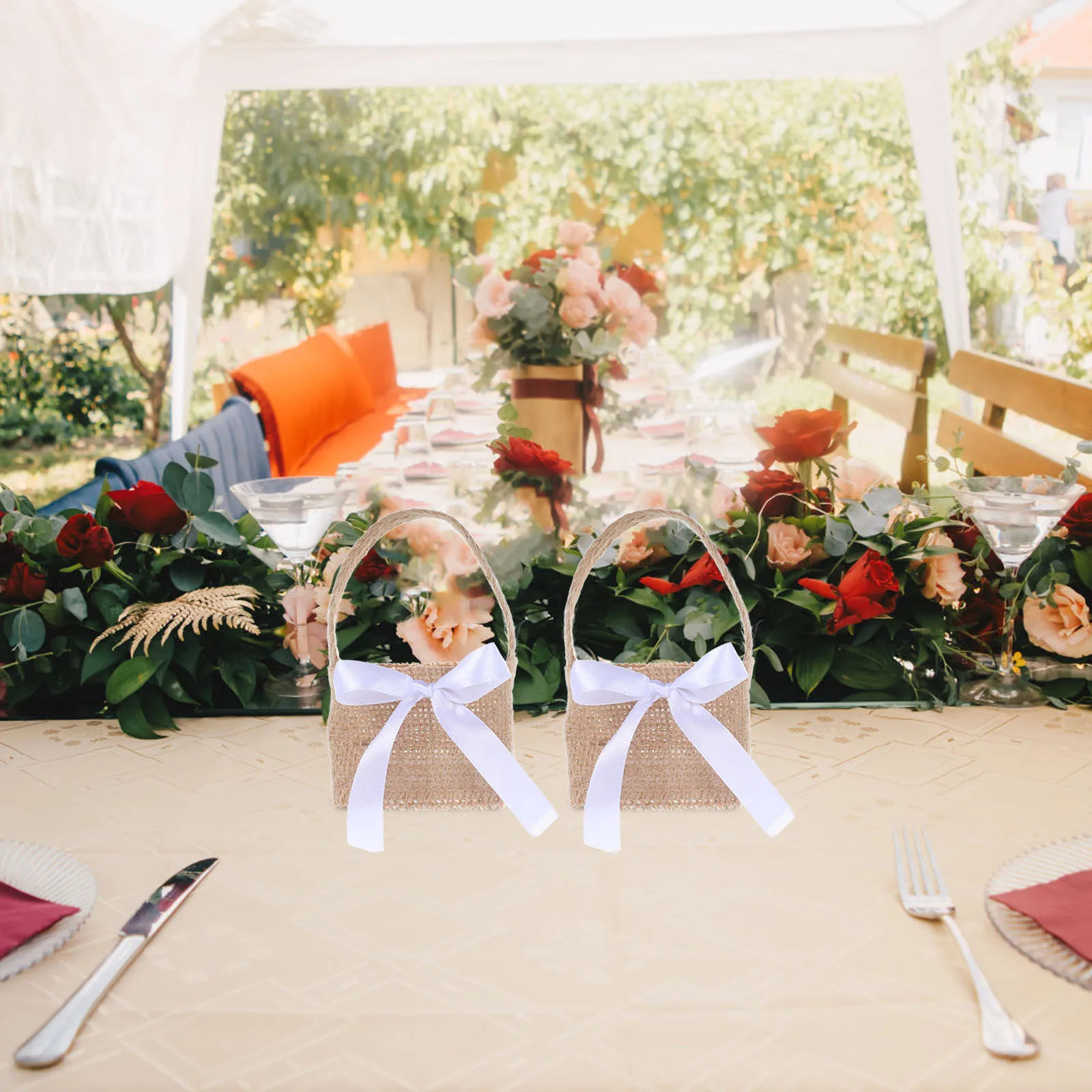 

4Pcs Linen Storage Baskets Lightweight Flower Girl Baskets for Wedding Ceremony Party Candy Holder Romantic Floral Bags