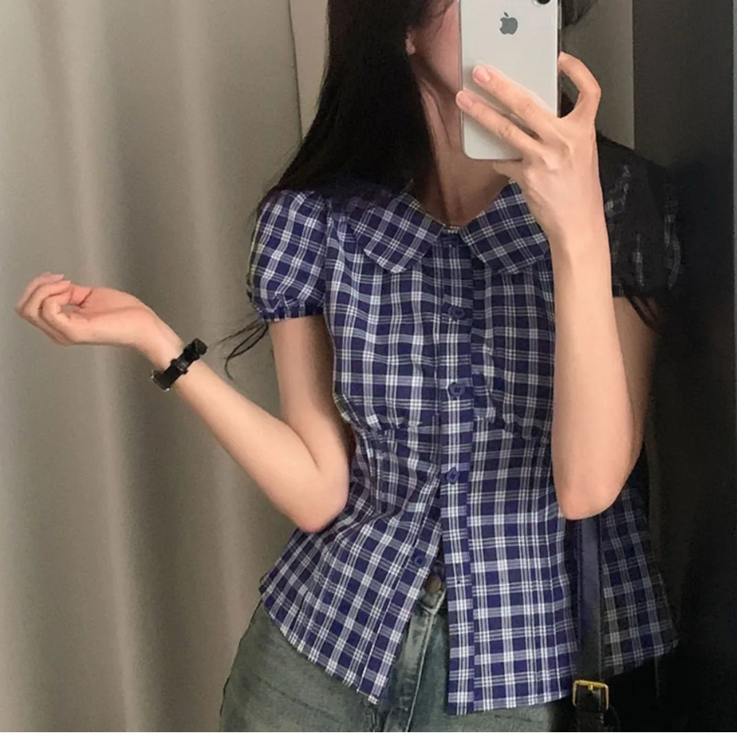 캐주얼 시크 여름 여성용 싱글 버튼 버블 소매 돌 칼라 체크 무늬 턴다운 칼라 탑