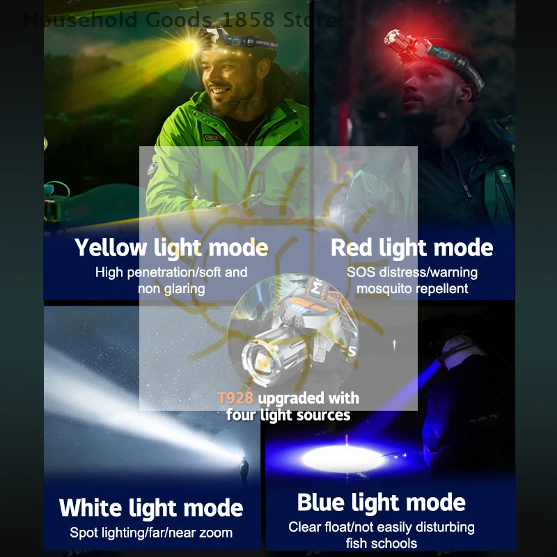 

Мощный красный/белый/желтый/синий свет, четыре источника света, USB перезаряжаемый налобный фонарь, уличная аварийная фара дальнего действия