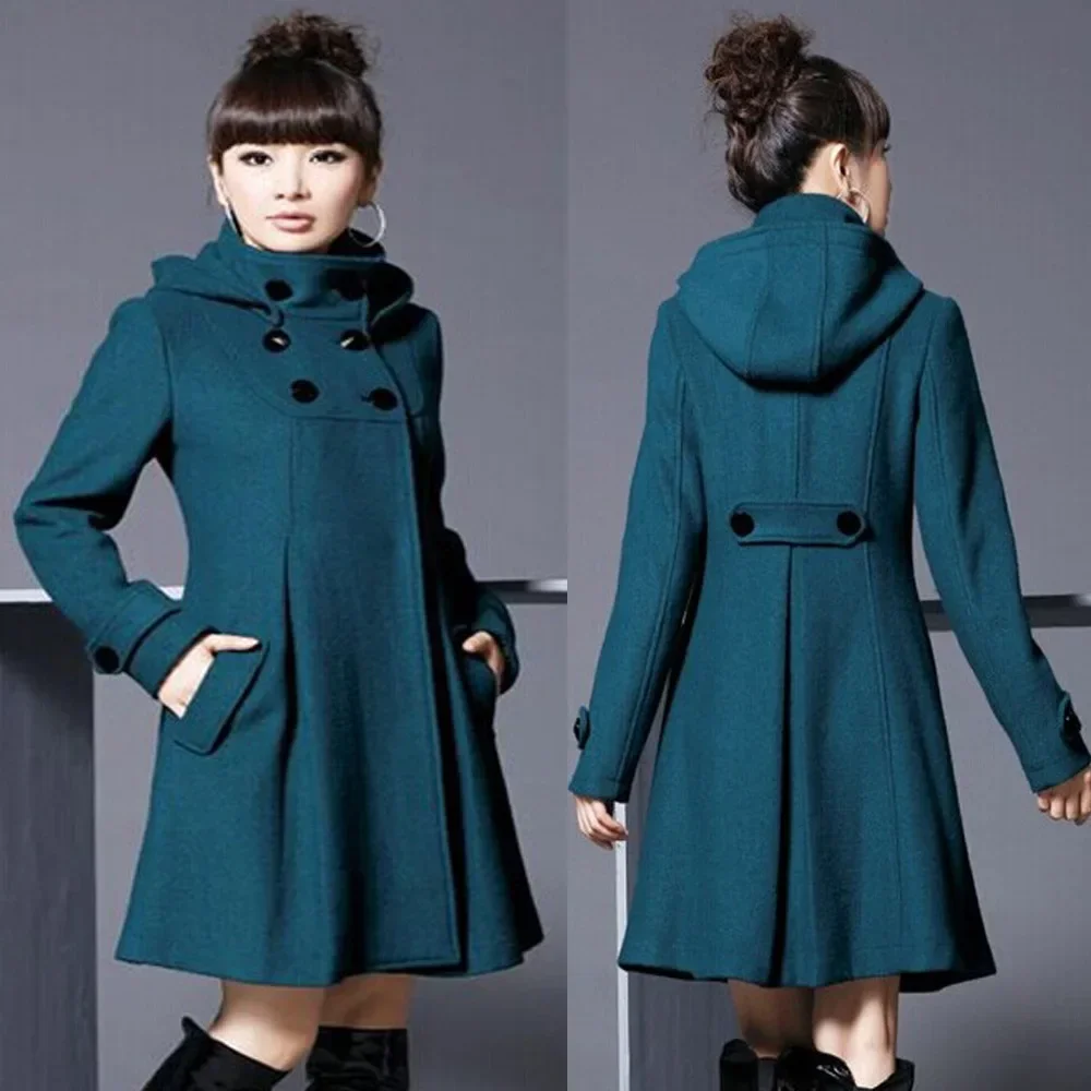 Cappotto da donna in misto lana verde nero Cappotto lungo in lana con cappuccio doppiopetto Giacca a vento da donna Mantello a pieghe di grandi