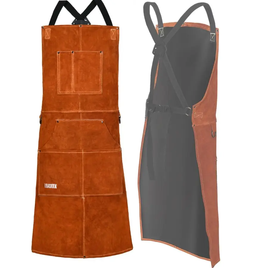 

Leather Welding Apron Flame and Heat Resistant Bib Apron with 6 Pockets