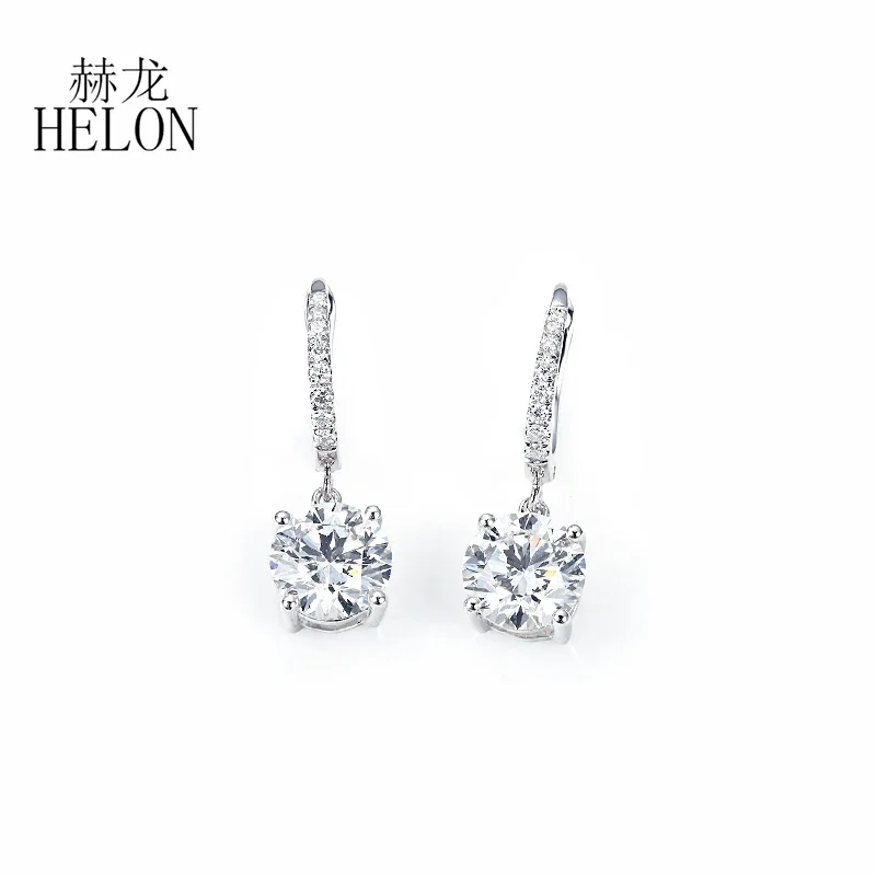 HELON Moissanite Earrings Solid 14K White Gold Round 6mm Moissanite Diamond Engagement Drop Earrings Women Birthday Best Gift