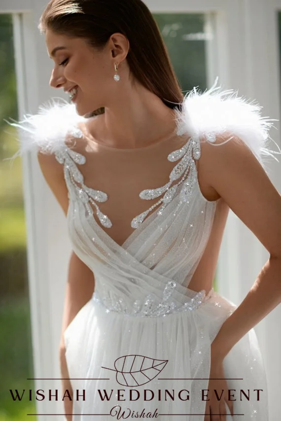 Wishah Customized Weeding Dress O-neck Appliques Beading Feather Spaghetti Strap Backless Bridal Dress
