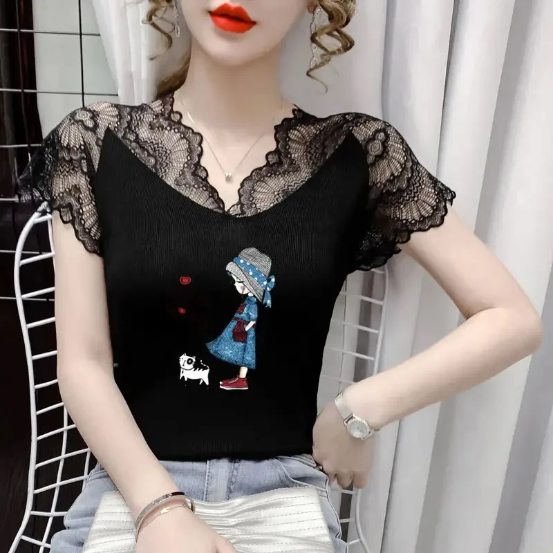 Elegant Lace Patchwork Slim Tanks Summer New Short Sleeve Solid Ice Silk Knitted Bottom Shirts Fashion Office Women Clothing