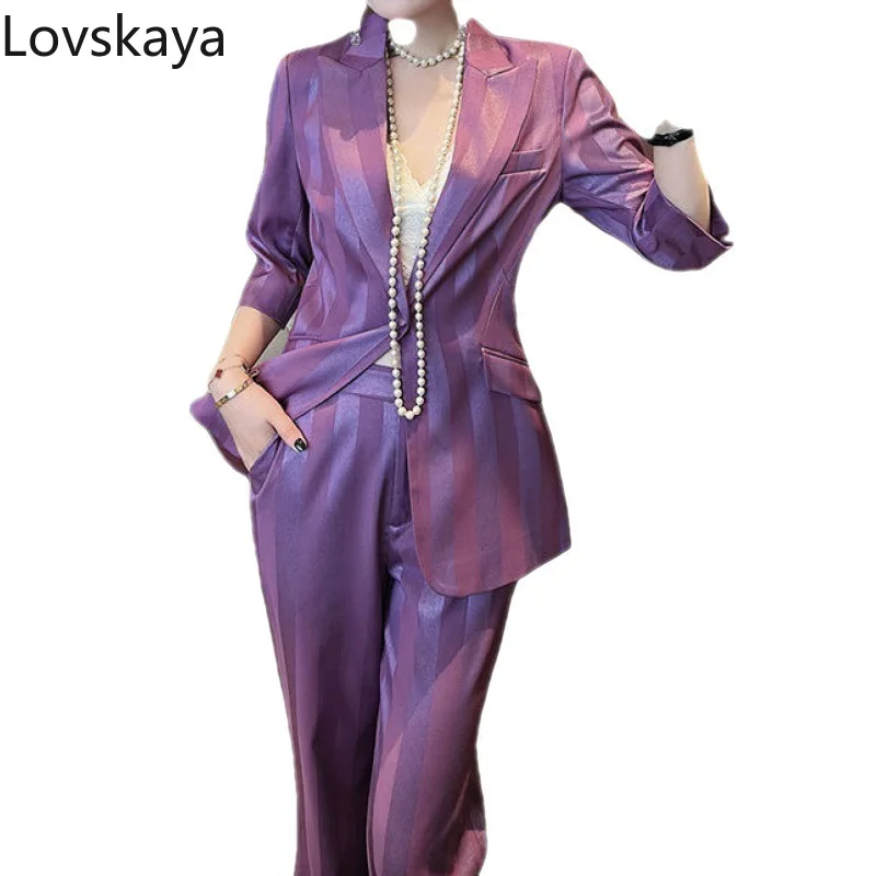 Purple striped suit jacket wide leg pants two-piece set for women professional formal attire summer new waistband