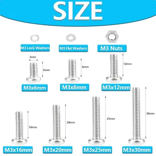 Picture 3: 320PCS M3 Phillips Pan Head Machine Screws, Metric Screws Bolts Washers Nuts Kit, 304 Stainless Steel with Spring Washer