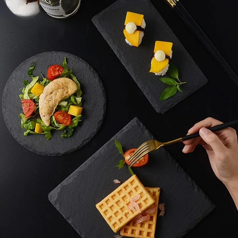 Japanese Rock Board Flat Plates Creativity Solid Color Natural Stone Slab Dinner Plate Cutlery Hotel Restaurant Serving Tray