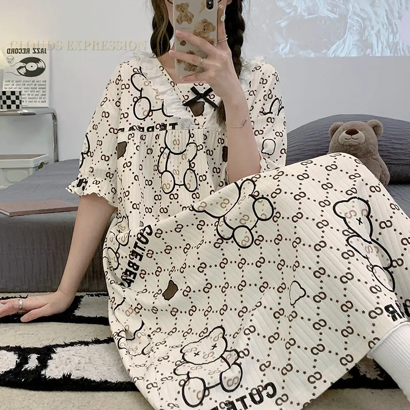 Summer New Knitted Cotton Kawaii Girls Checked Sleep Dress Women\'s Nightgowns Nighttie Sleepshirts Ladies Dresses Home Fashion