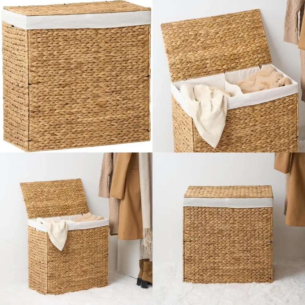 

Handwoven Rattan Laundry Hamper with Lid, 24 x 12.8 x 24 - Water Hyacinth Basket for Home Organization in Bedroom, Bathroom, and