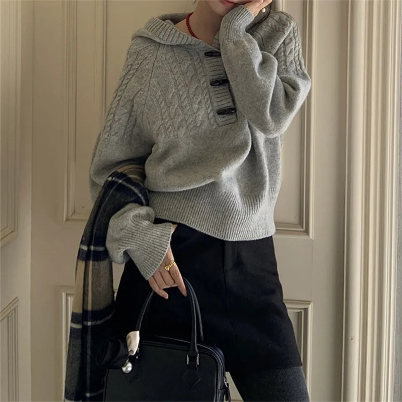 2024 Women's Sweater Grey Velvet Corner Button Half Opening Long Sleeveless Pullover Casual Chic Women's Knitwear E2786