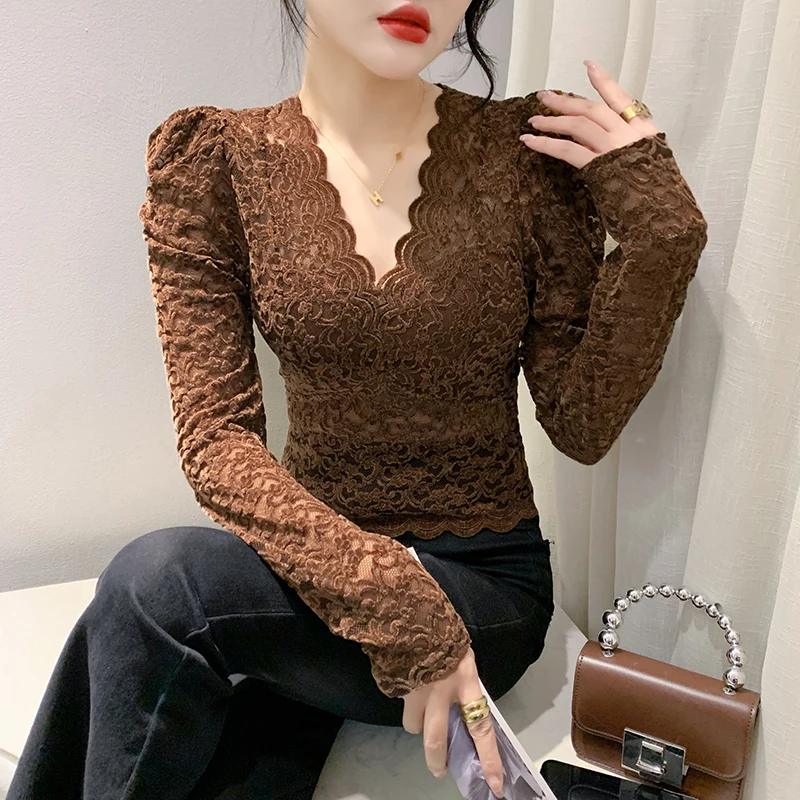 MadBlack New European Clothes Tshirt Women Sexy V Neck Slim Lace Tops Long Puff Sleeve Tees Autumn Winter New T30401JC