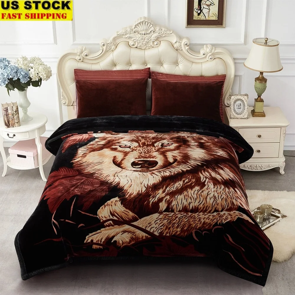 

King Size Plush Blanket 10lbs Thick Warm Microfiber Winter Bedspread 900 GSM Durable Soft Wolf Pattern 85x93 Inches