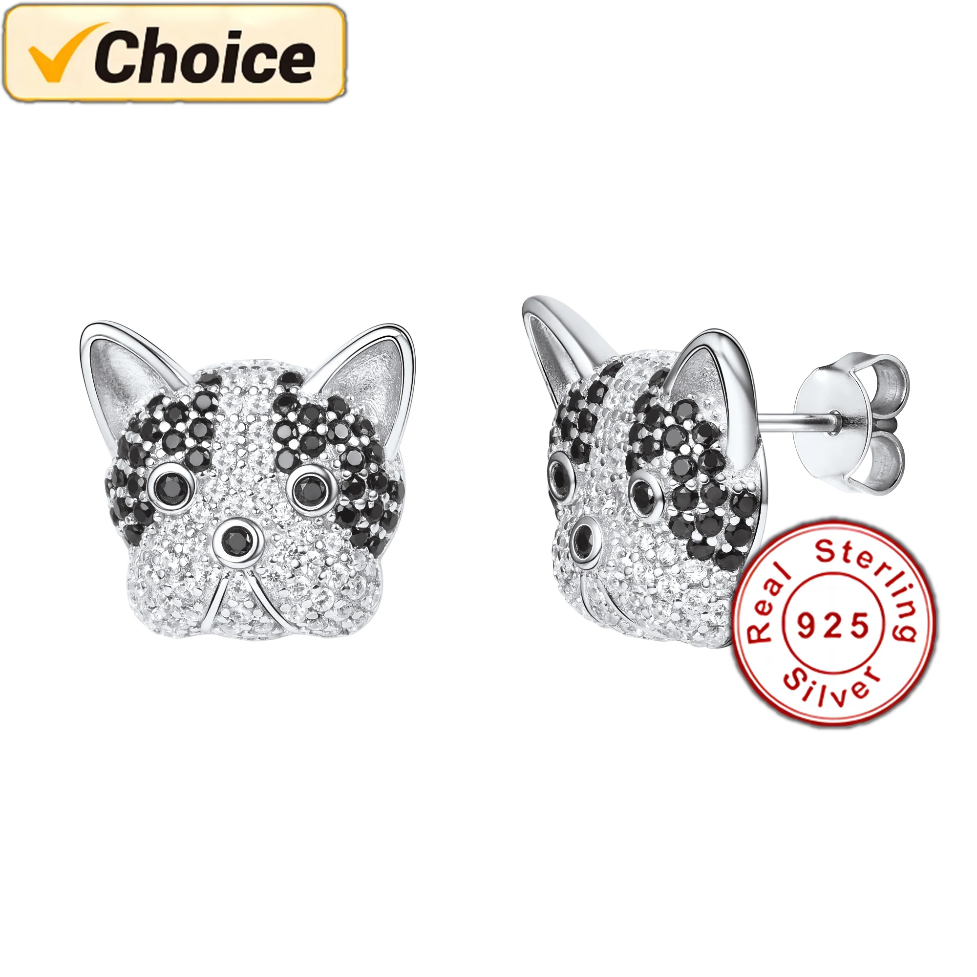 

French Bulldog Stud Earrings 925 Stering Silver Funny Family Dog Black and White Eyes Cubic Zirconia Crystal Animal Face Earring