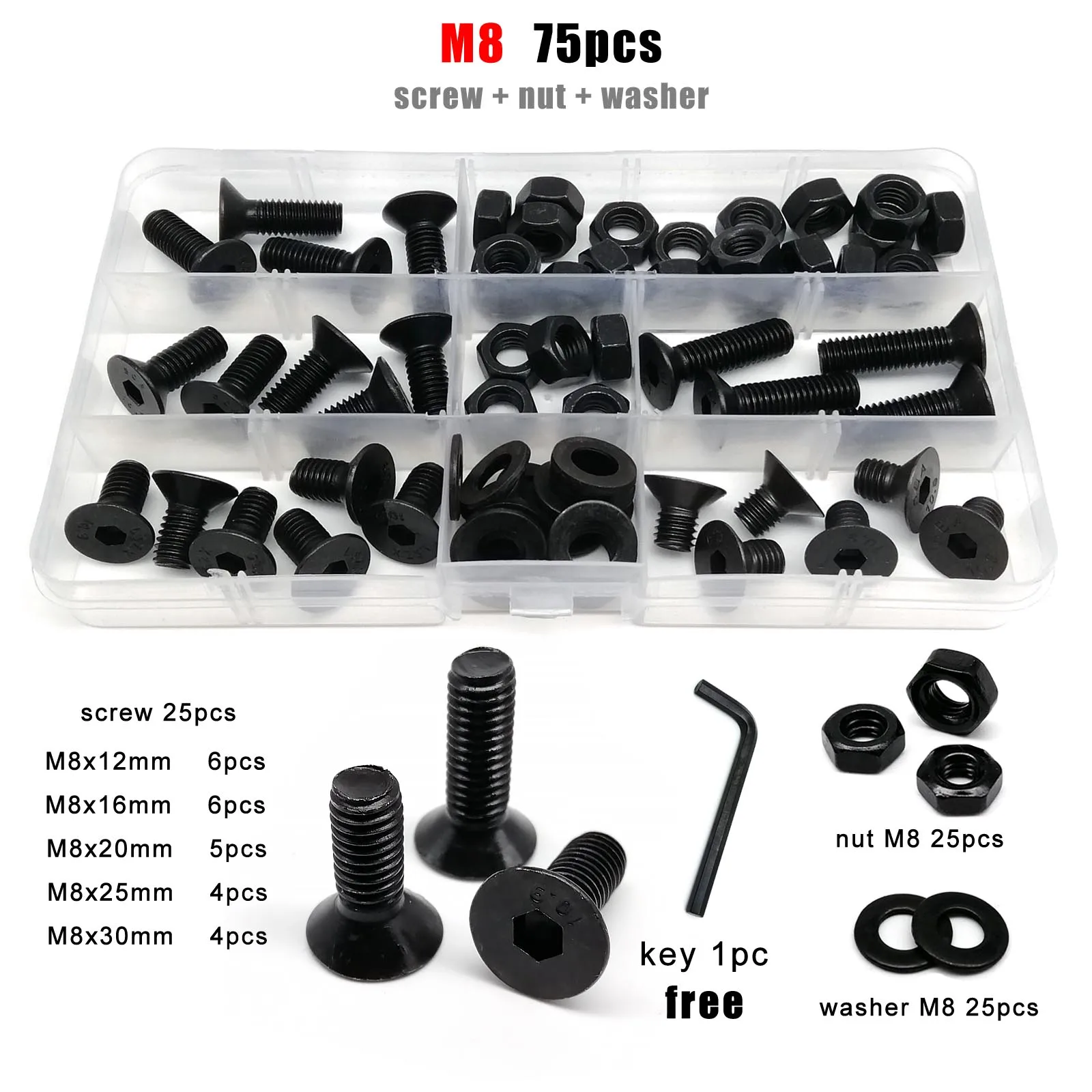 1 Box M2 M2,5 M3 M4 M5 M6 M8 Sechskant Innensechskant Innensechskant Flachsenkkopfschraube Bolzen Mutter Sortiment Kit Schwarz Güteklasse 10,9 Stahl – Detail 9