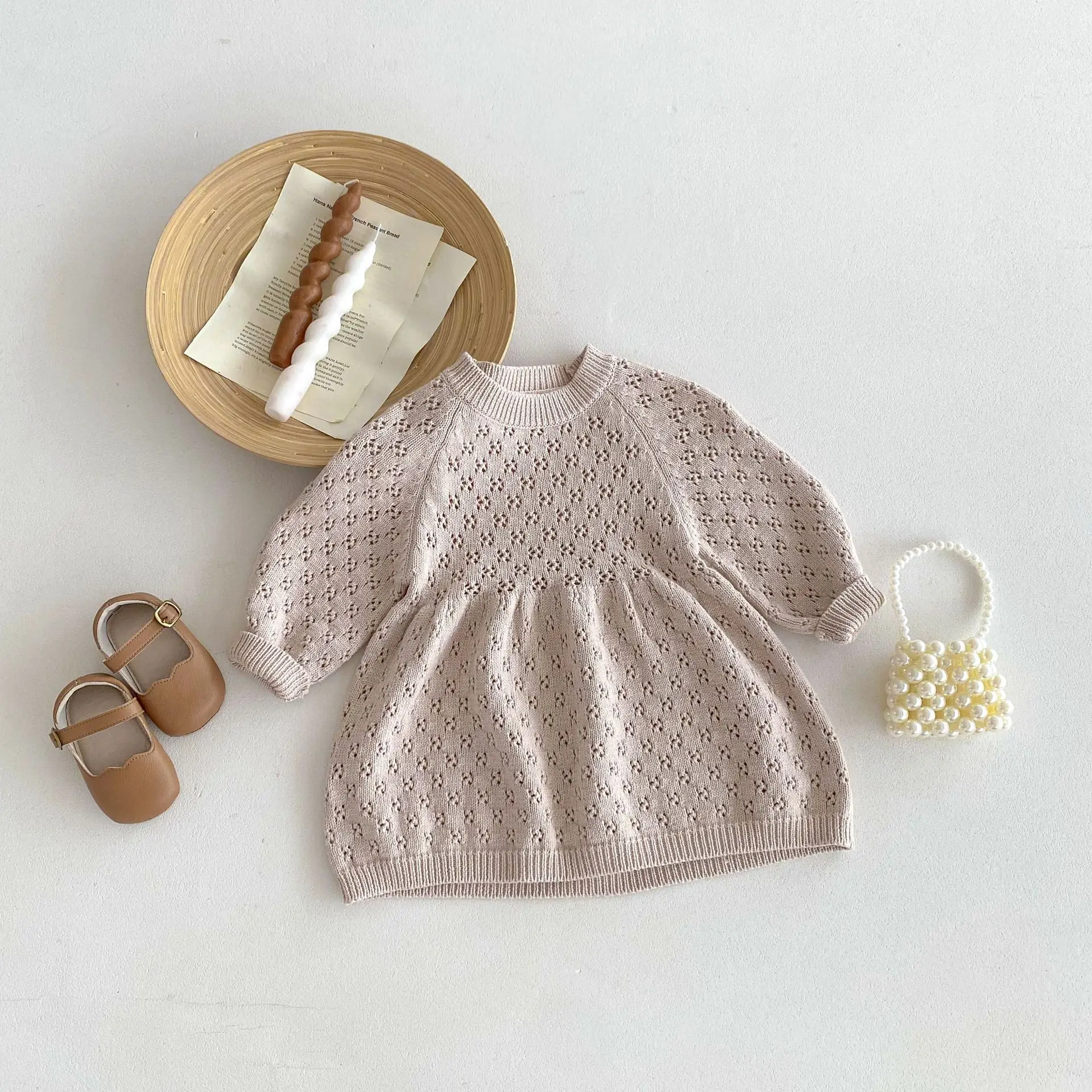 2024 Autumn New Children Casual Dress Girls Vintage Hollow Out Puff Sleeve Dress Toddler Solid Knitted Dress Kids Clothes