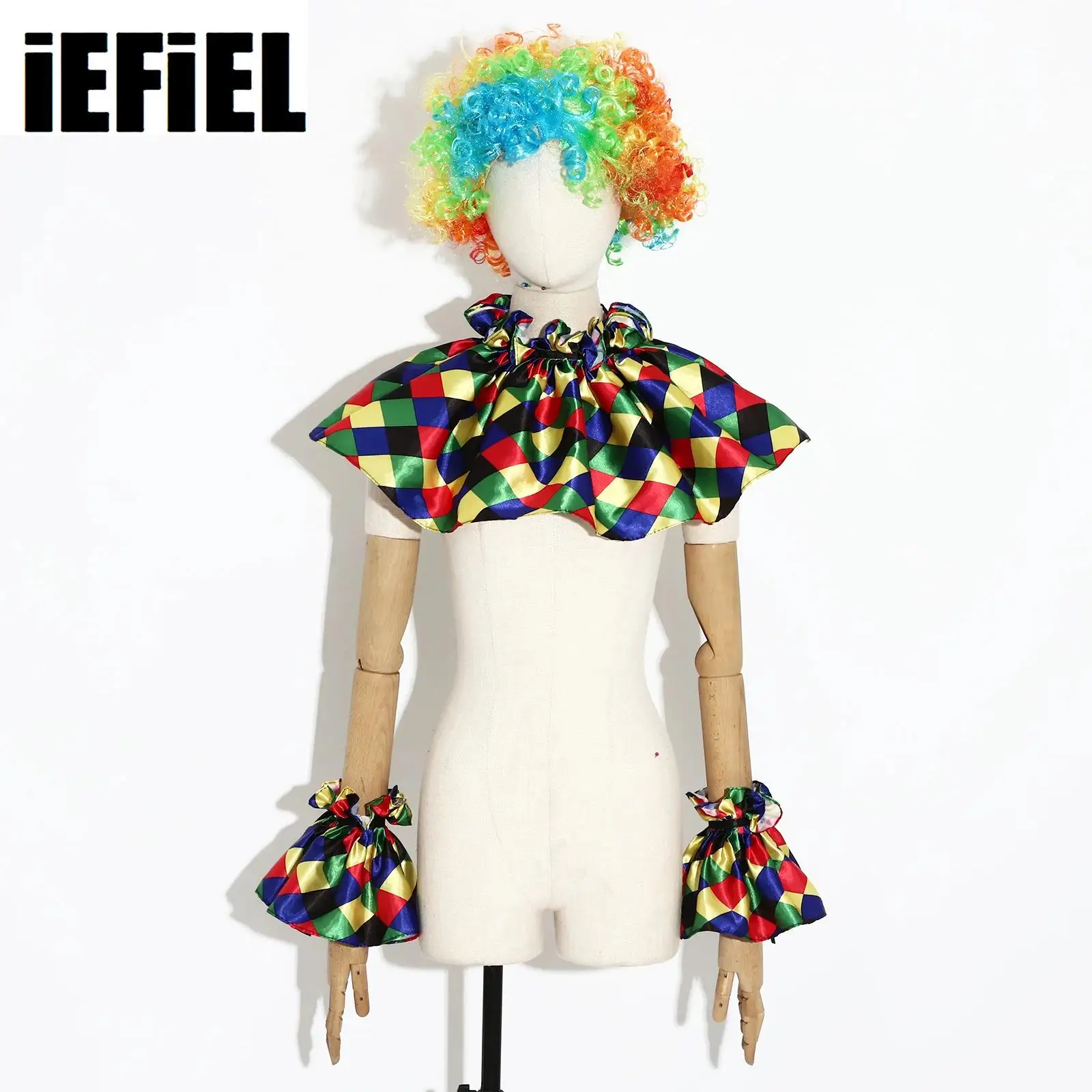 

3Pcs Clown Cosplay Costumes Accessories Ruffle Neck Collar Cuffs And Afro Wig / Vest Set for Adult Halloween Carnival Dress Up