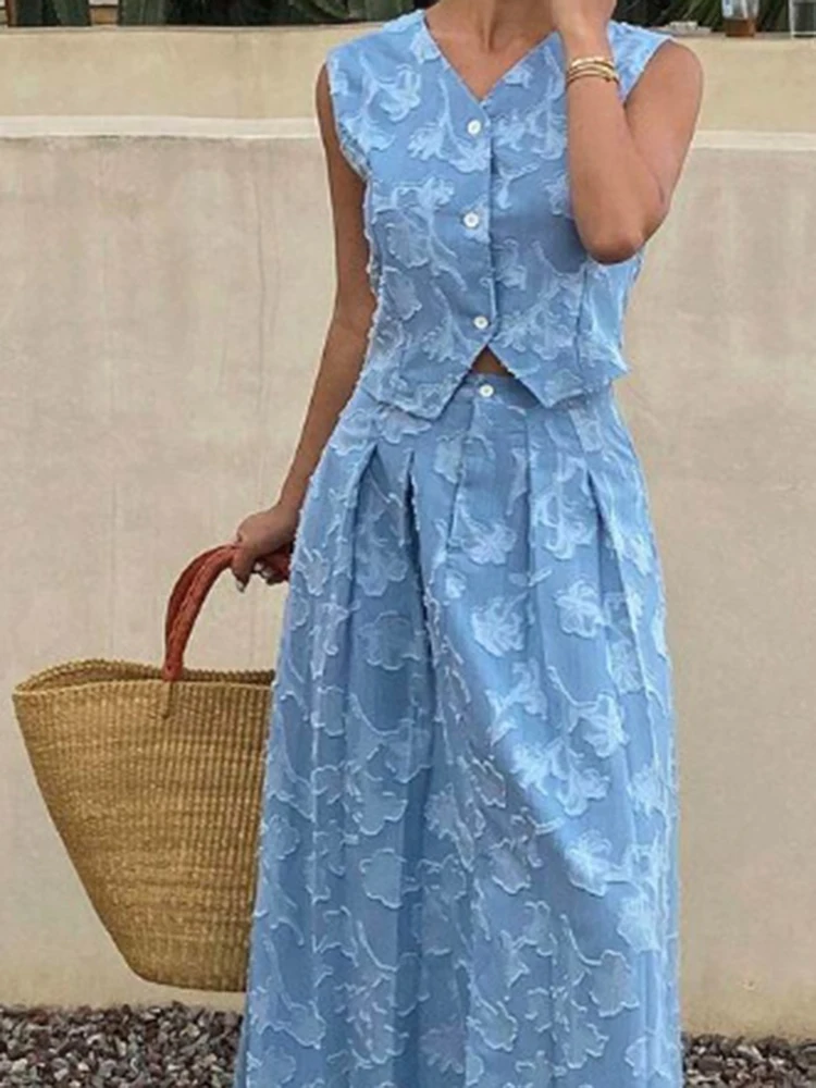 Elegant Lady Solid Color Jacquard Outfits Summer New Loose Beach Vacation 2 Piece Stylish V-neck Sleeveless Vest&Half Skirts Set