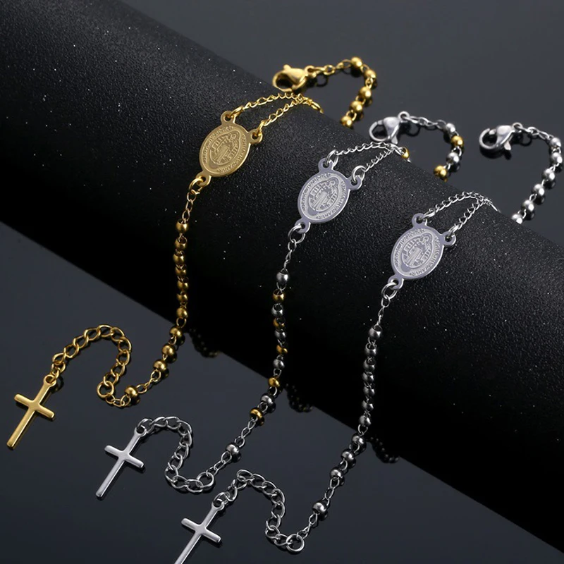 10Pcs Stainless Steel St Benedict Medal Bracelet Metal San Benito Bracelet Adjustable Box Chain Bohemia Cross Religion Jewelry