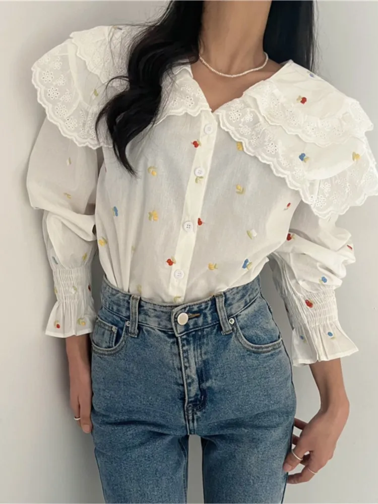 Spring Shirts Tops Women Print Embroidery Fashion Casual Loose Korean Style Pleated Ladies Blouses Long Sleeve Woman Shirts Tops