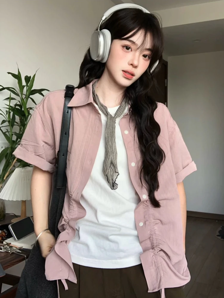 

Ретро-японская женская футболка с коротким рукавом, повседневная, свободного кроя, с завязками, летняя, модная, с воротником, стандартный крой