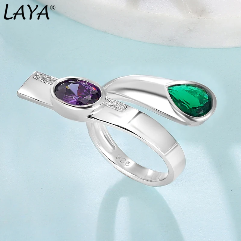 

LAYA 925 Sterling Silver Shining Zircon Ring Synthetic Purple&Green Crystal Irregular Large Ring For Men Women Fashion Jewelry