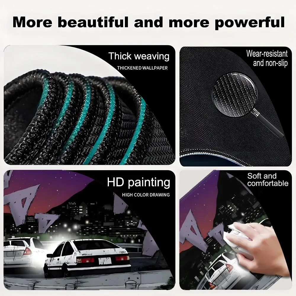 Alas Mouse Anime Hitam Putih Ukuran Besar XXL Mousepad I-Initial D Alas Mouse Besar Karet Gaming Keyboard Alas Meja Extended Desk Mat