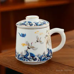 Ceramic Chinese Style Teacups, Drinkware Mugs, Belt Cover Filter Mug Tea Water Separation Cup , Coffee Cups, 500ml, 1Pc